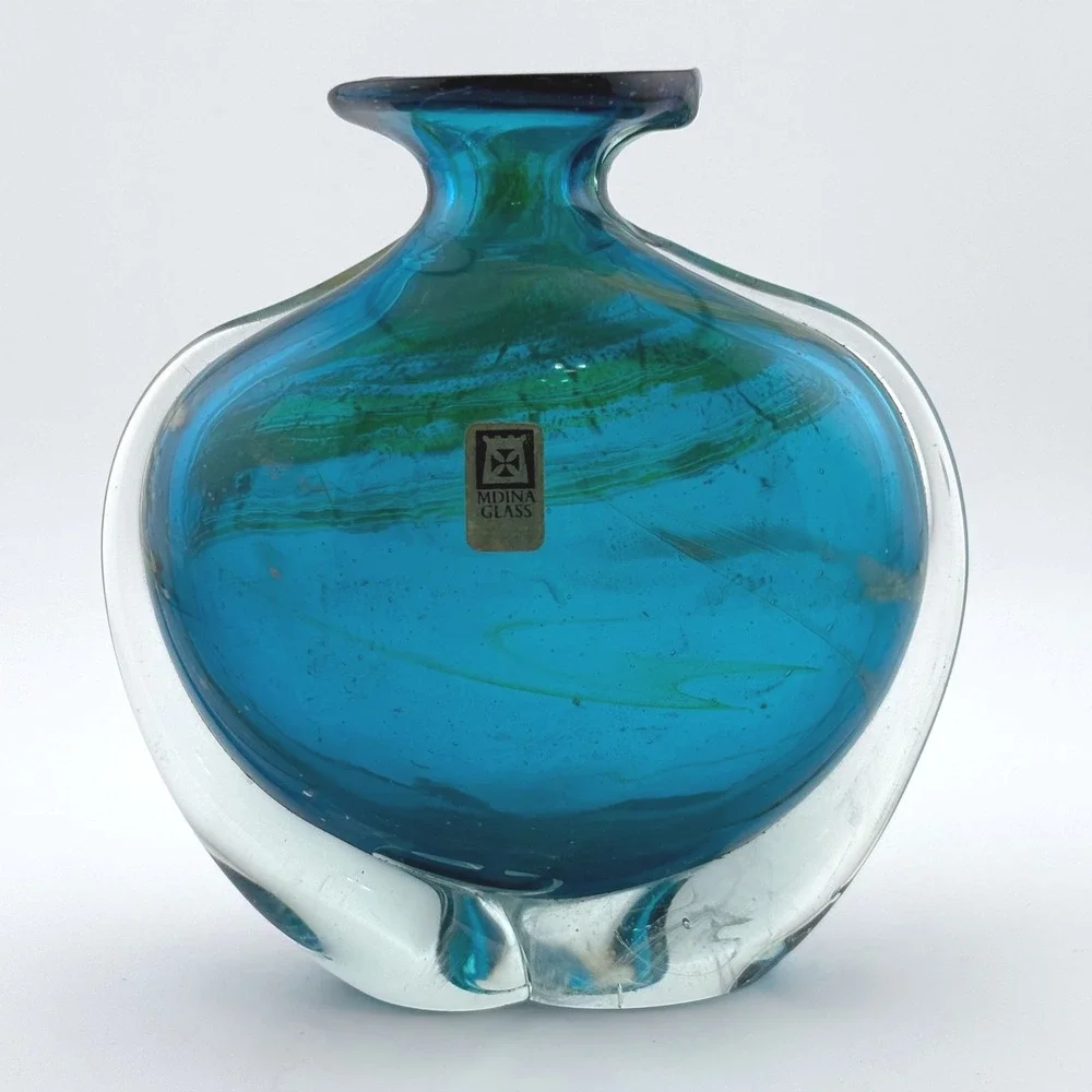 Mdina Glass Malta Turquoise Blue Swirl Art Glass Vase Signed